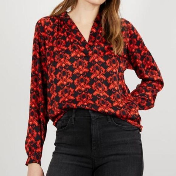 Tucker Long Sleeve Polo Blouse Ruby Chandelier in Stretch Georgette Silk Top - Picture 1 of 1